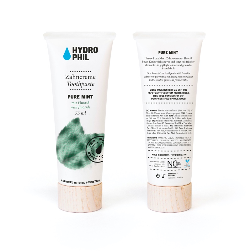 Zahnpasta mit Fluorid und Pfefferminzgeschmack in der umweltfreundlichen Verpackung von Hydrophil im cosa Kosmetik Onlineshop